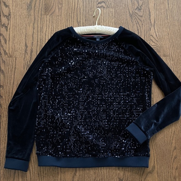 Tommy Hilfiger velvet navy blue sequin top size M - Picture 4 of 8